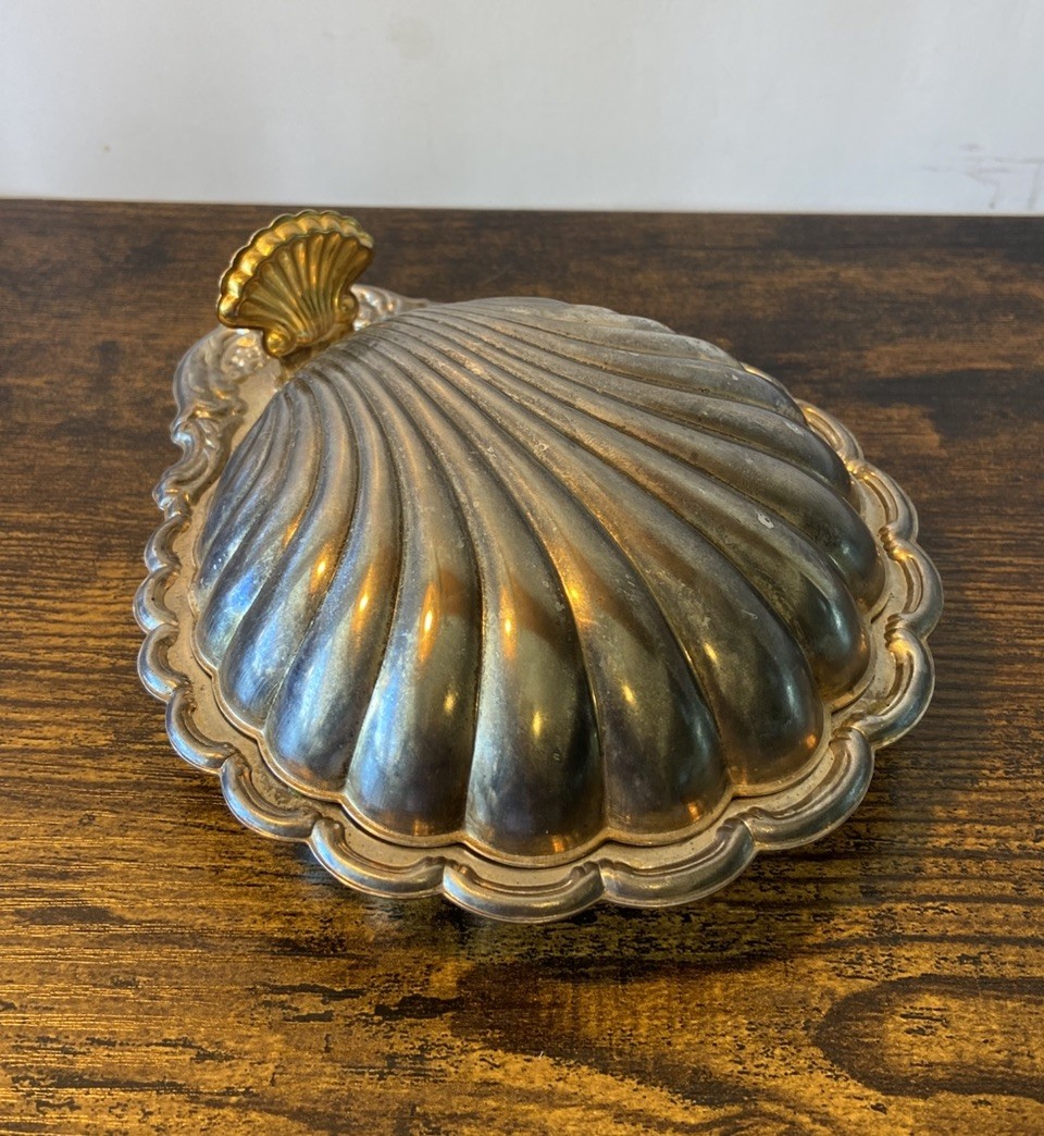 Vintage Silver Plated Clam Shell Covered Butter Dish Caviar Server 5″x6”