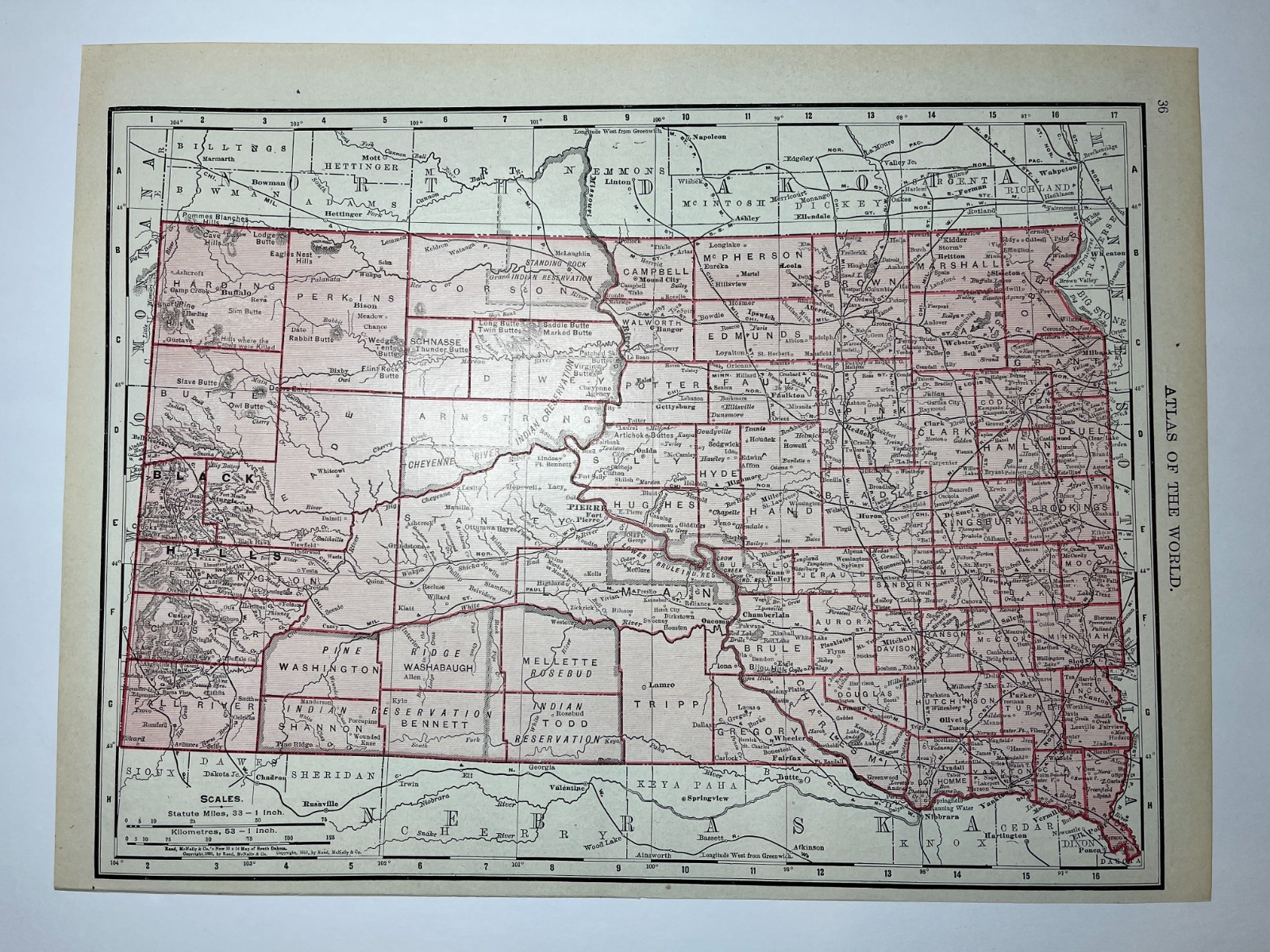 1895 / 1910 “Red” SOUTH DAKOTA State Map fm 1911 New Census Atlas SEE DESCRIP
