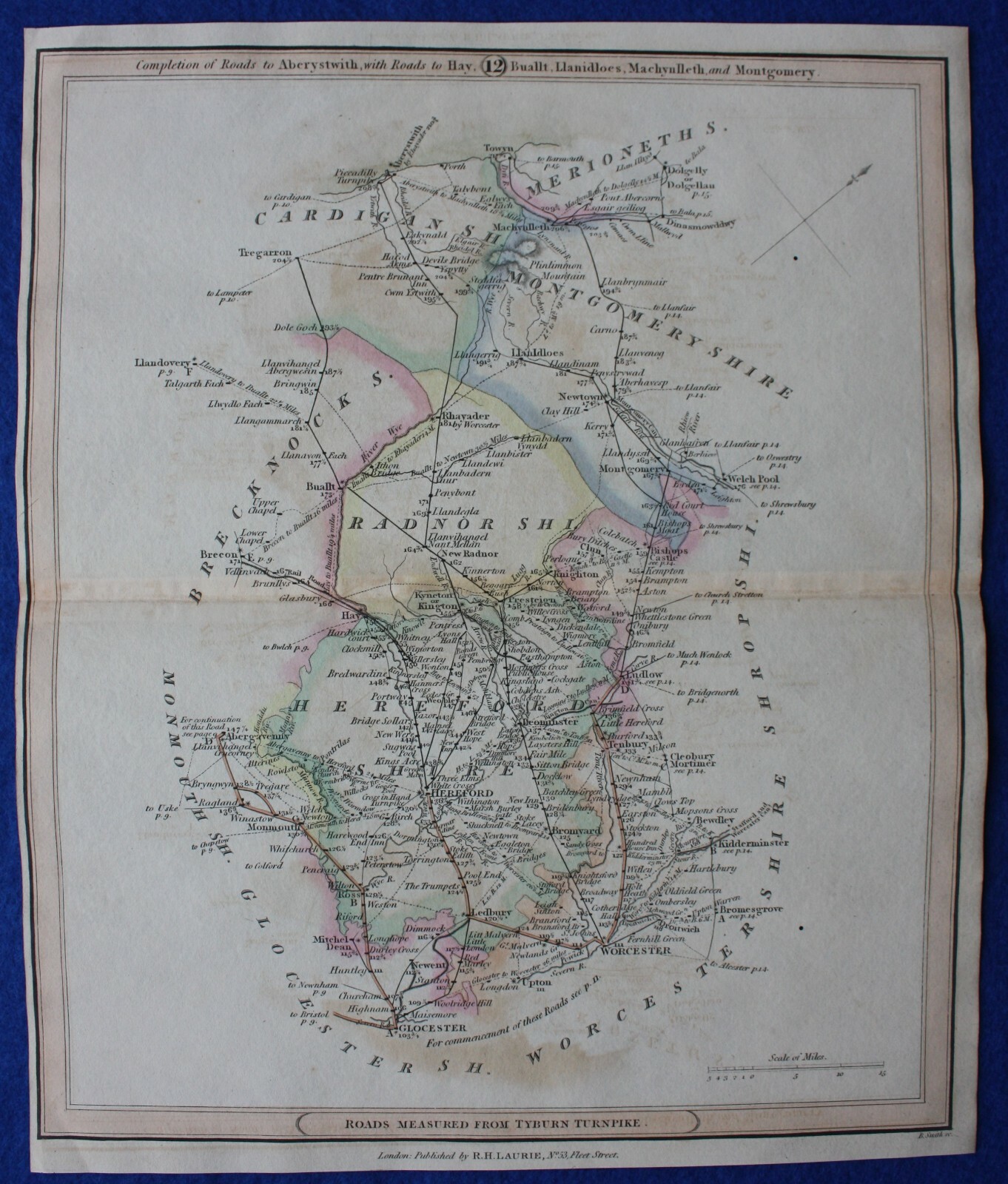Original antique road map HEREFORDSHIRE, RADNOR, CARDIGAN, Laurie, 1823