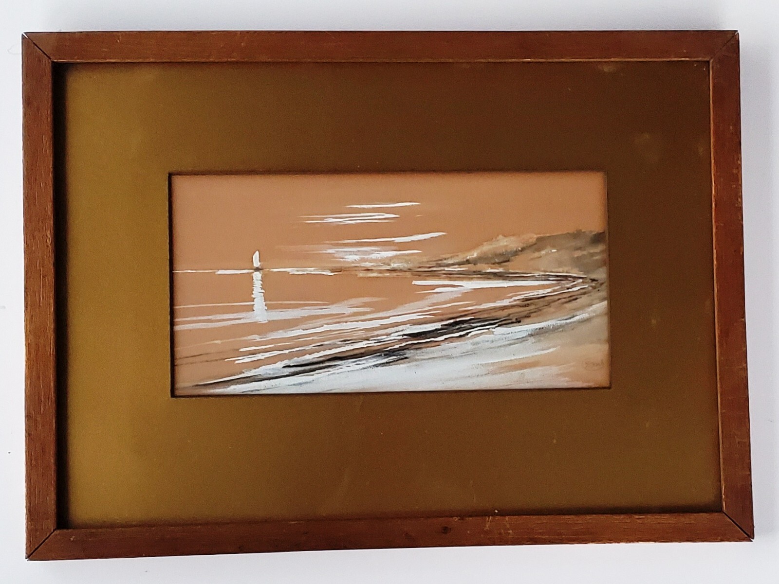 Gorgeous Pair Late 19th Century Gold Matted Panoramic Marine Watercolors, Signed