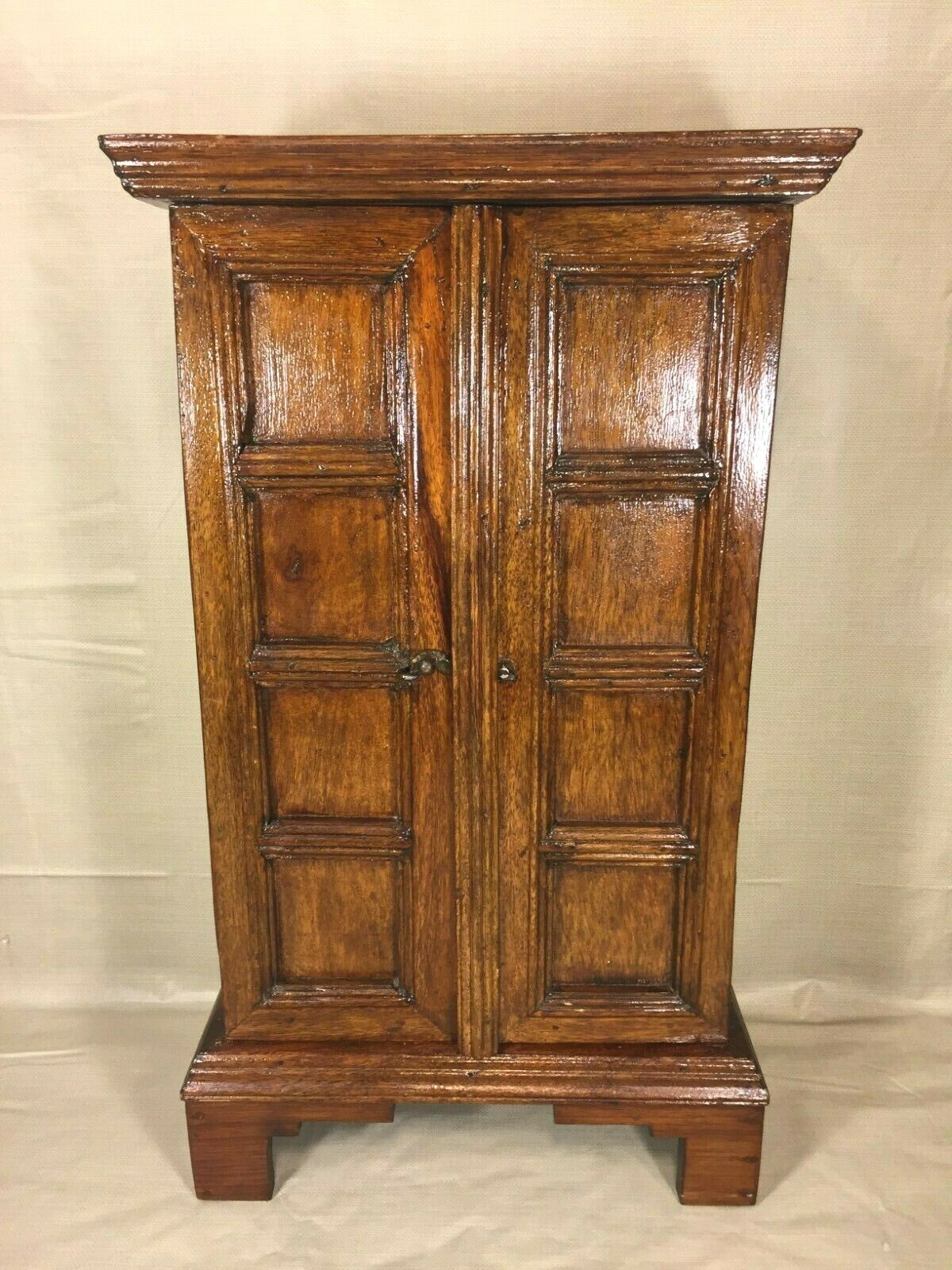 Diminutive Walnut Wood Cupboard w/ Paneled Doors that Open and Latch 2 Shelves