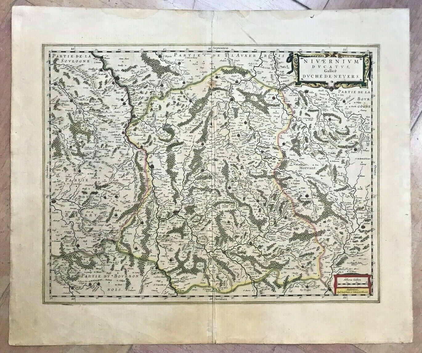 FRANCE NEVERS 1644 Willem & Johann BLAEU LARGE ANTIQUE MAP 17TH CENTURY