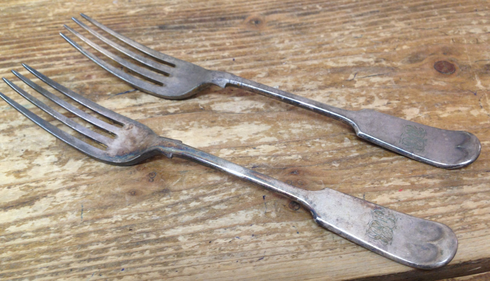 Antique Monogram WHB Hanoverian 2 Small Forks Hallmarks EG & Co Fiddle Elkington