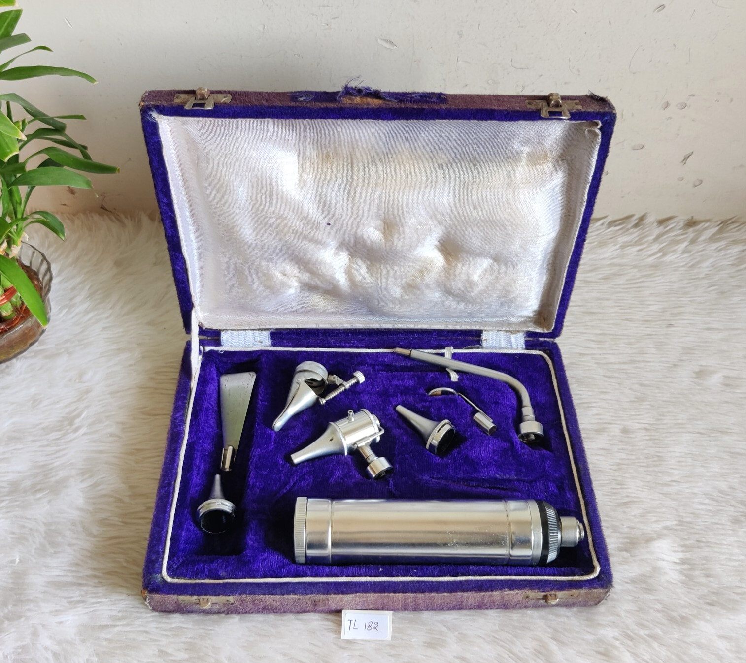 1940s Vintage Velvet ENT Surgical Tools Wooden Box Blue Velvet Decor Retro TL182