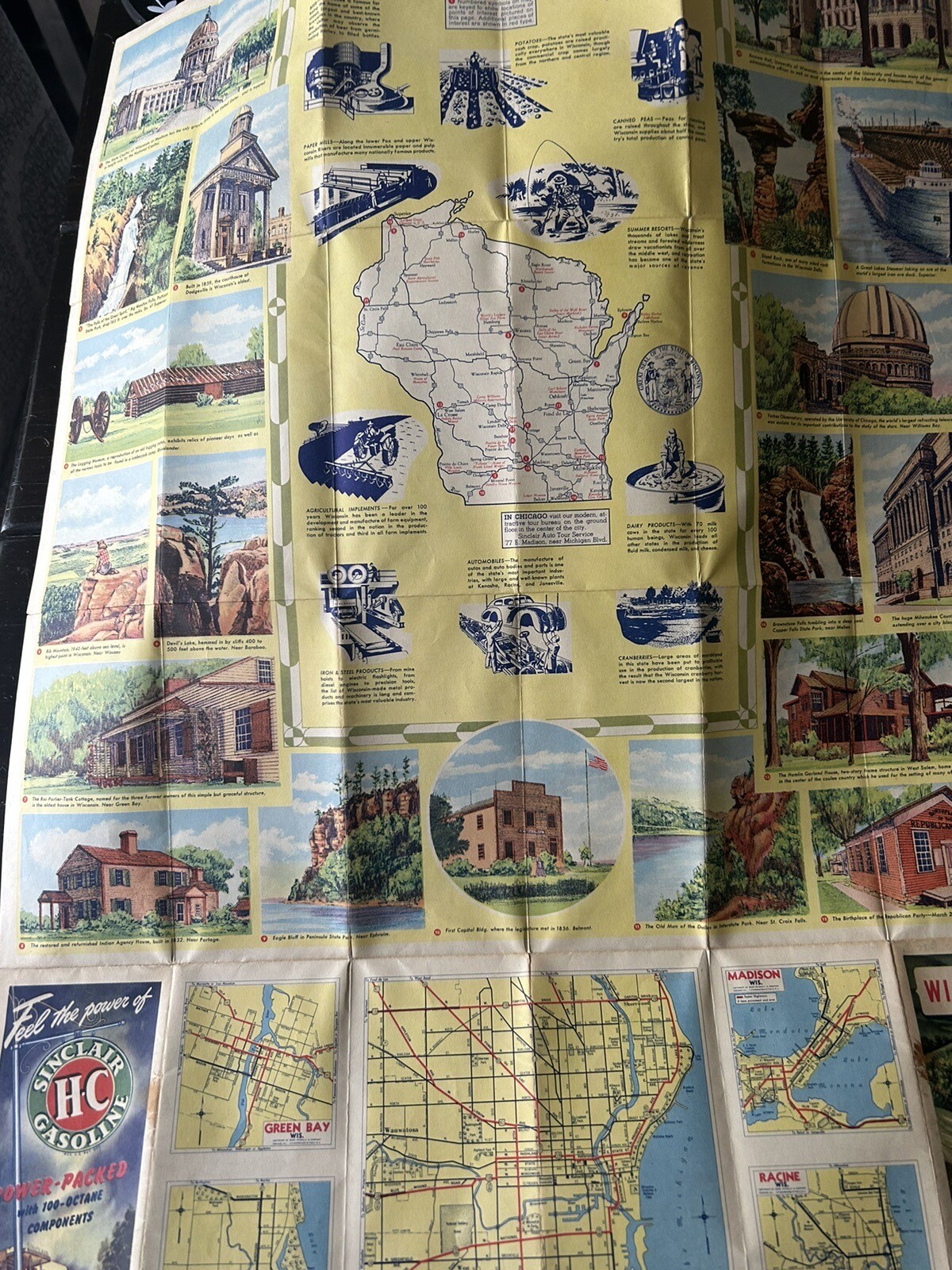 Vtg Wisconsin Sinclair HC Gasoline 1940s Road Map Foldable Paper 1C07