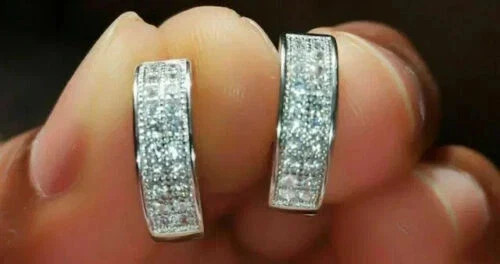Men’s Hoop Huggie Earrings 1.80 CT Round Cut Diamond 14K White gold Plated Silve