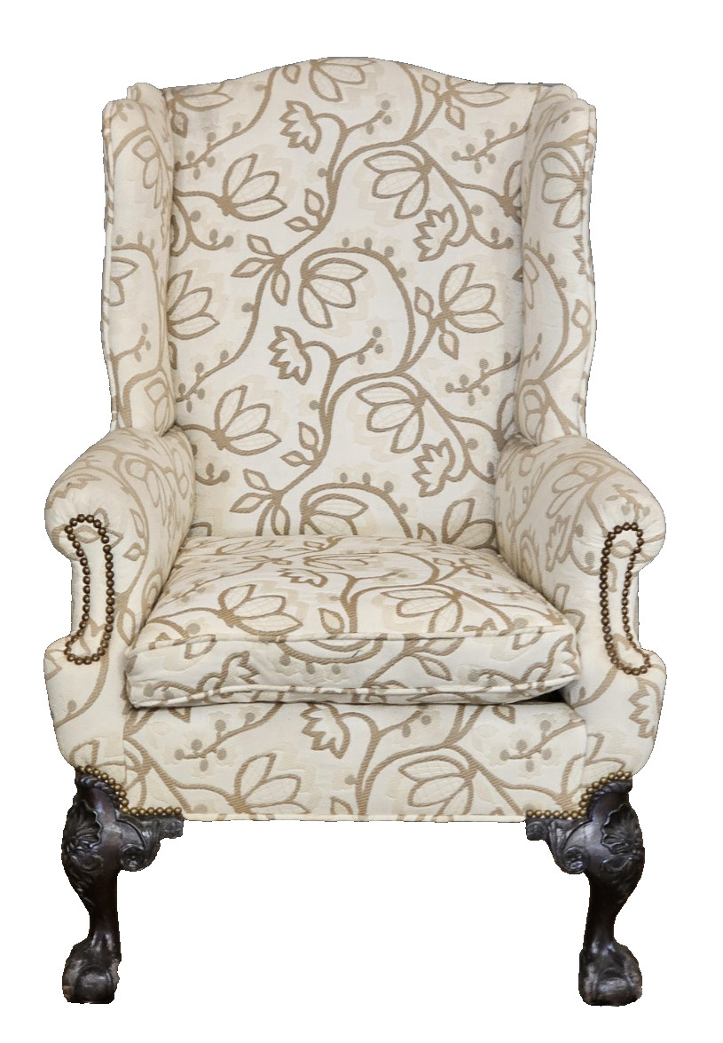 Antique Chippendale Mahogany Wing Chair Ball & Claw Feet Crewel Fabric