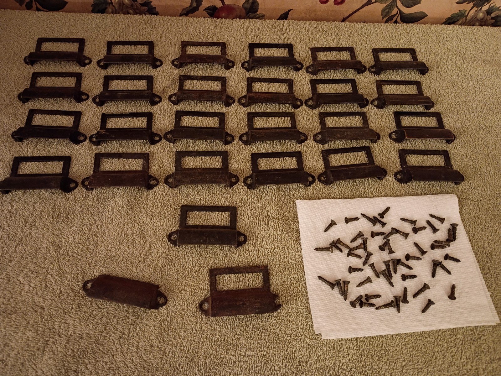 25 Antique Drawer Pull with Card Slot & Original Screws circa 1910 Cast Steel