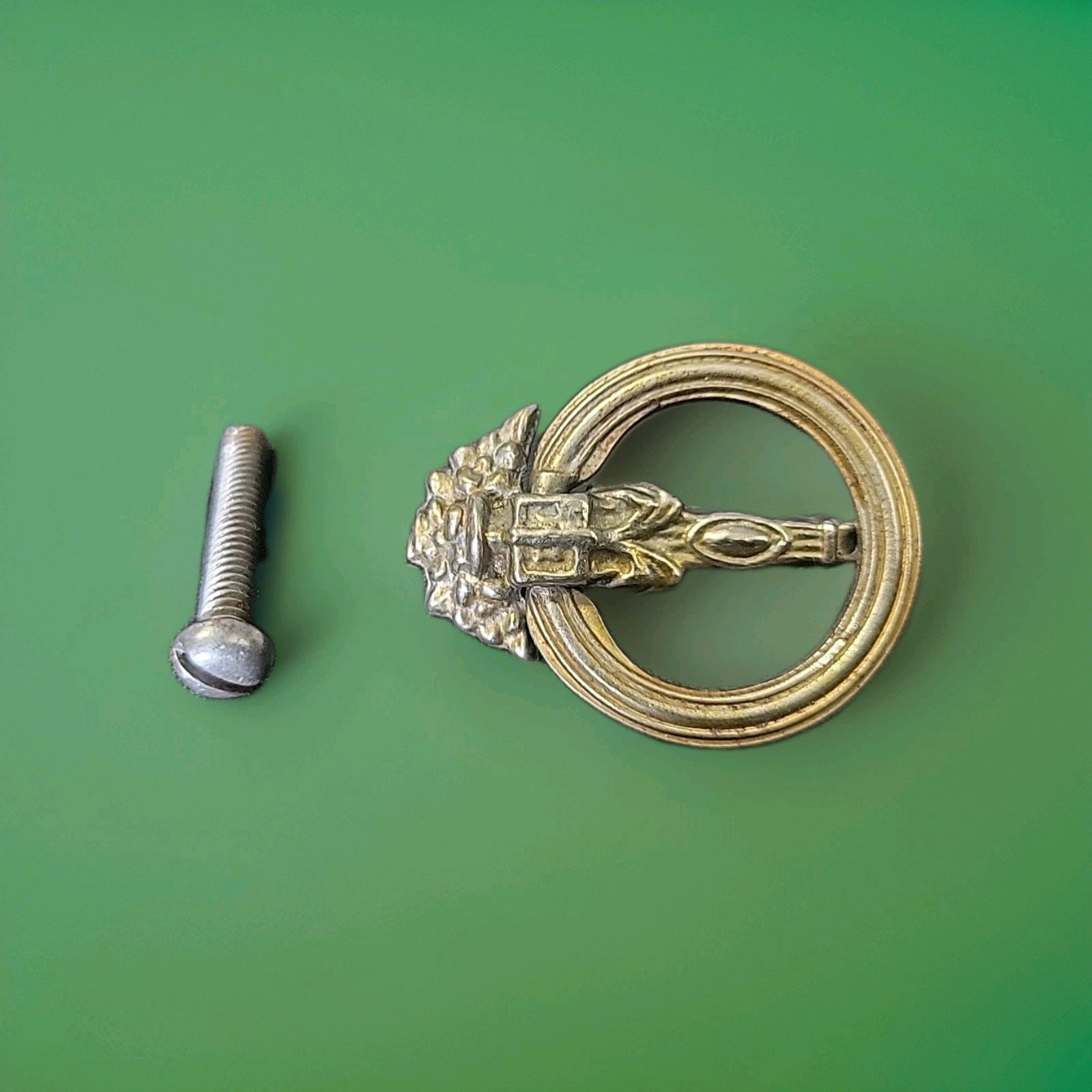 Antique Metal Brass Colored Dresser Door Pull – Drop Ring Handle Floral Hardware