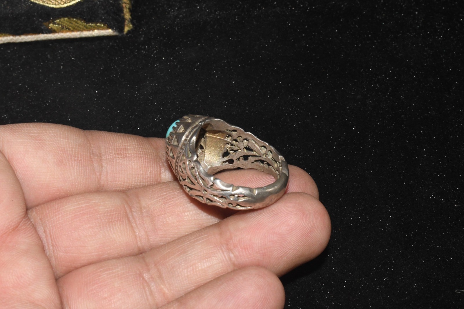 Large Antique Old Near Eastern Solid Silver Ring with Natural Turquoise Bezel