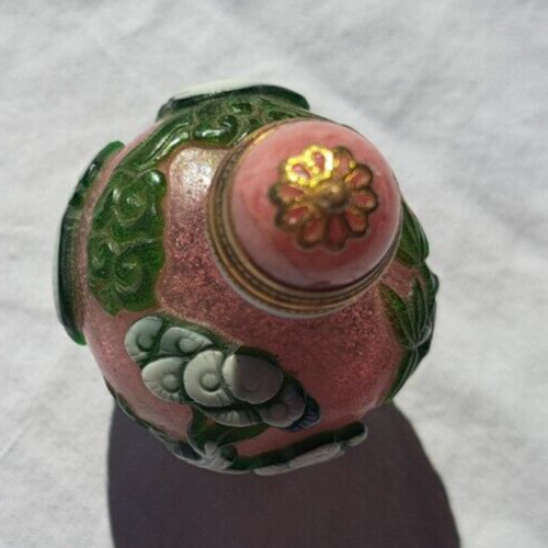 Antique Snuff bottle Watermelon pink glass with green & white overlay 2.5 x 2.5