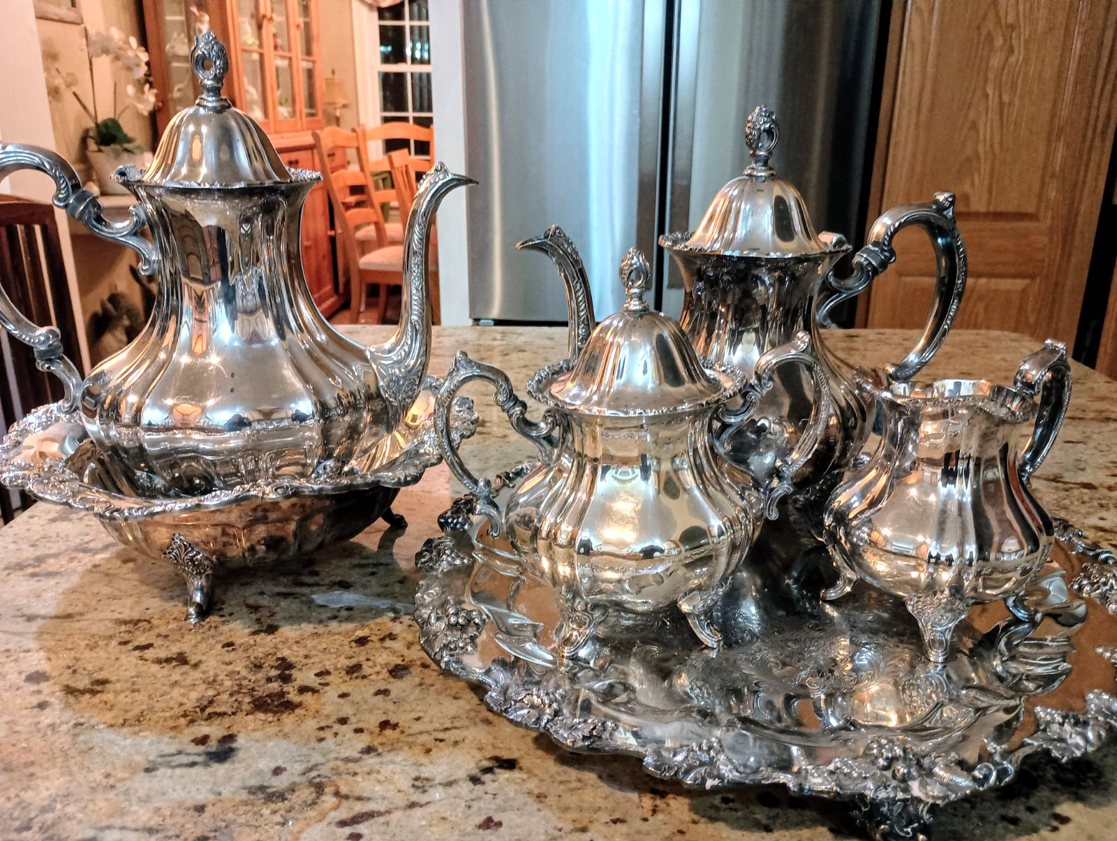 6 pc SIlverplate tea &coffee set, Lancaster Rose by Poole, Wallace Silver trays
