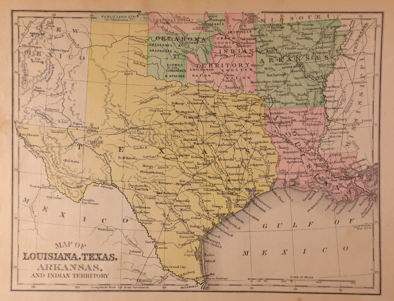 1891 Map of CENTRAL SOUTHERN STATES TX OK AR LA ~ (9×12)-#05