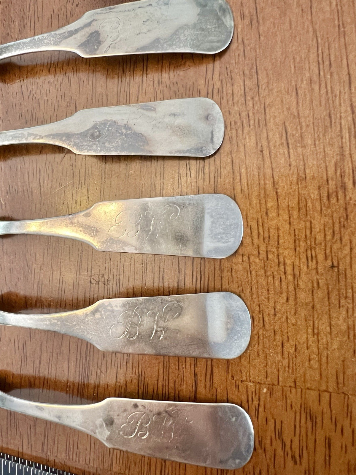 Silver Spoon Set/5 JM Barrows 19th C Antique Vintage Coin Silver Tea Spoons