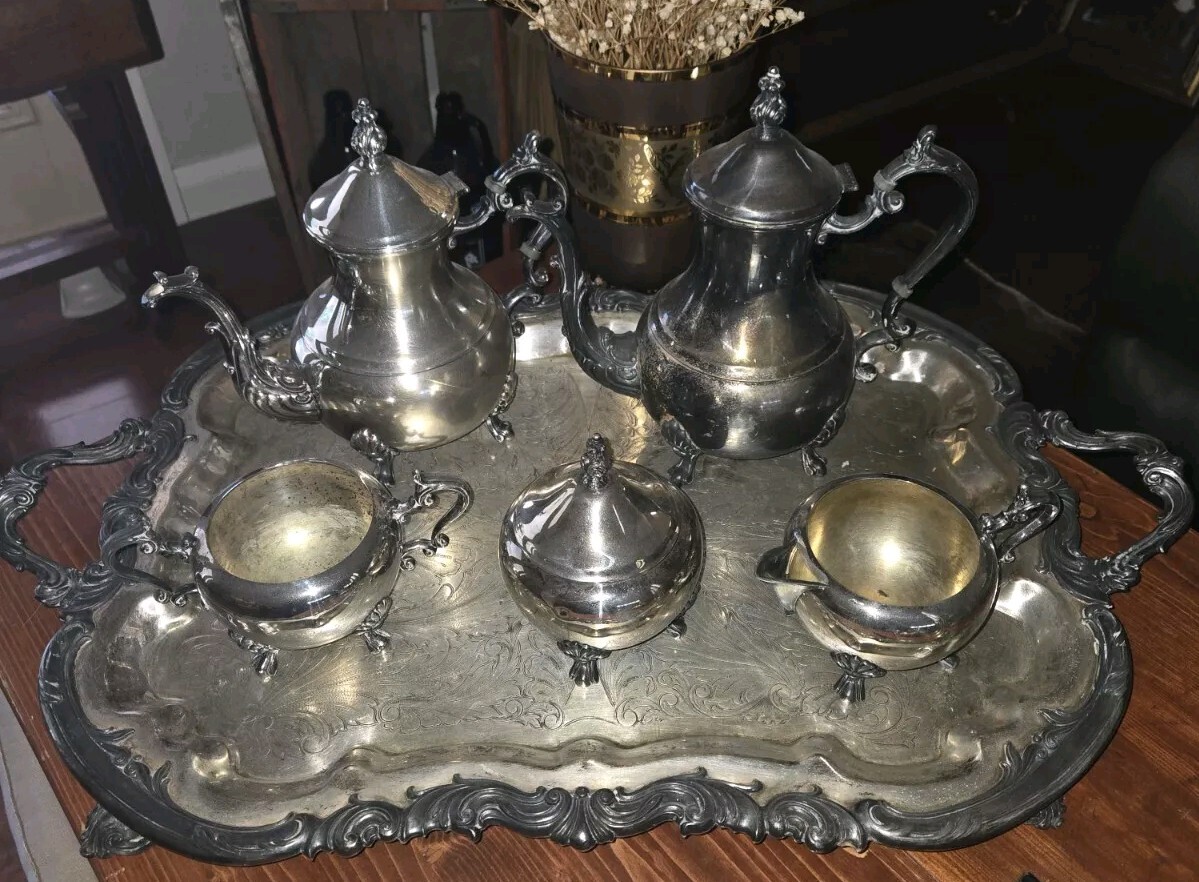 Antique 1881 F.B. ROGERS Silver Pl. Tea & Coffee Set Tray Lady Margaret 6p.