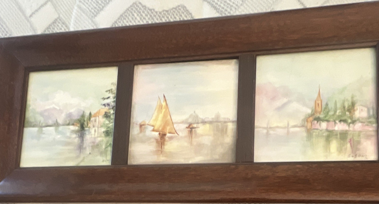 Framed Signed Triptych Impressionist Landscape Seascape Sailboat Village Church