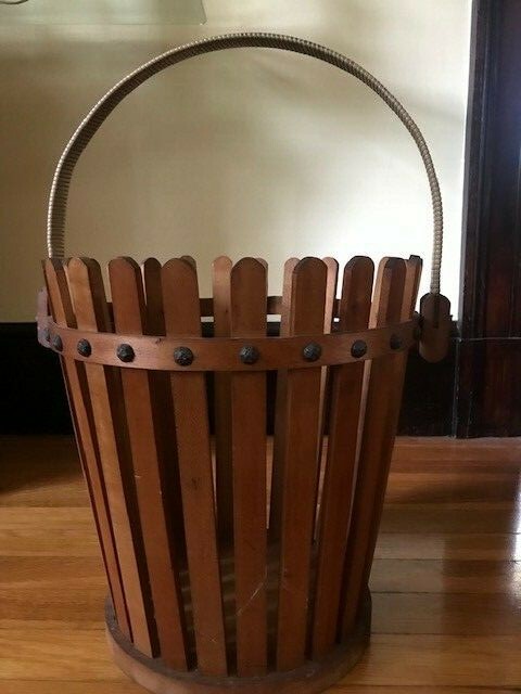 Vintage Arts and Crafts Mission Slat Teak Wood and Brass Wastebasket