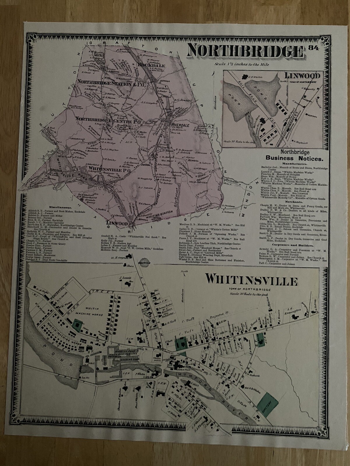 Northbridge, Whitinsville. 1870 F.W. Beers detailed township map. Hand Colored
