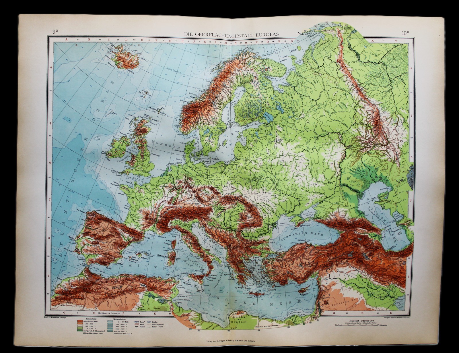 ANDREES HAND ATLAS MAP PLATE PAGE NO 9-10 EUROPE TOPOGRAPHIC MAP 1937 VINTAGE