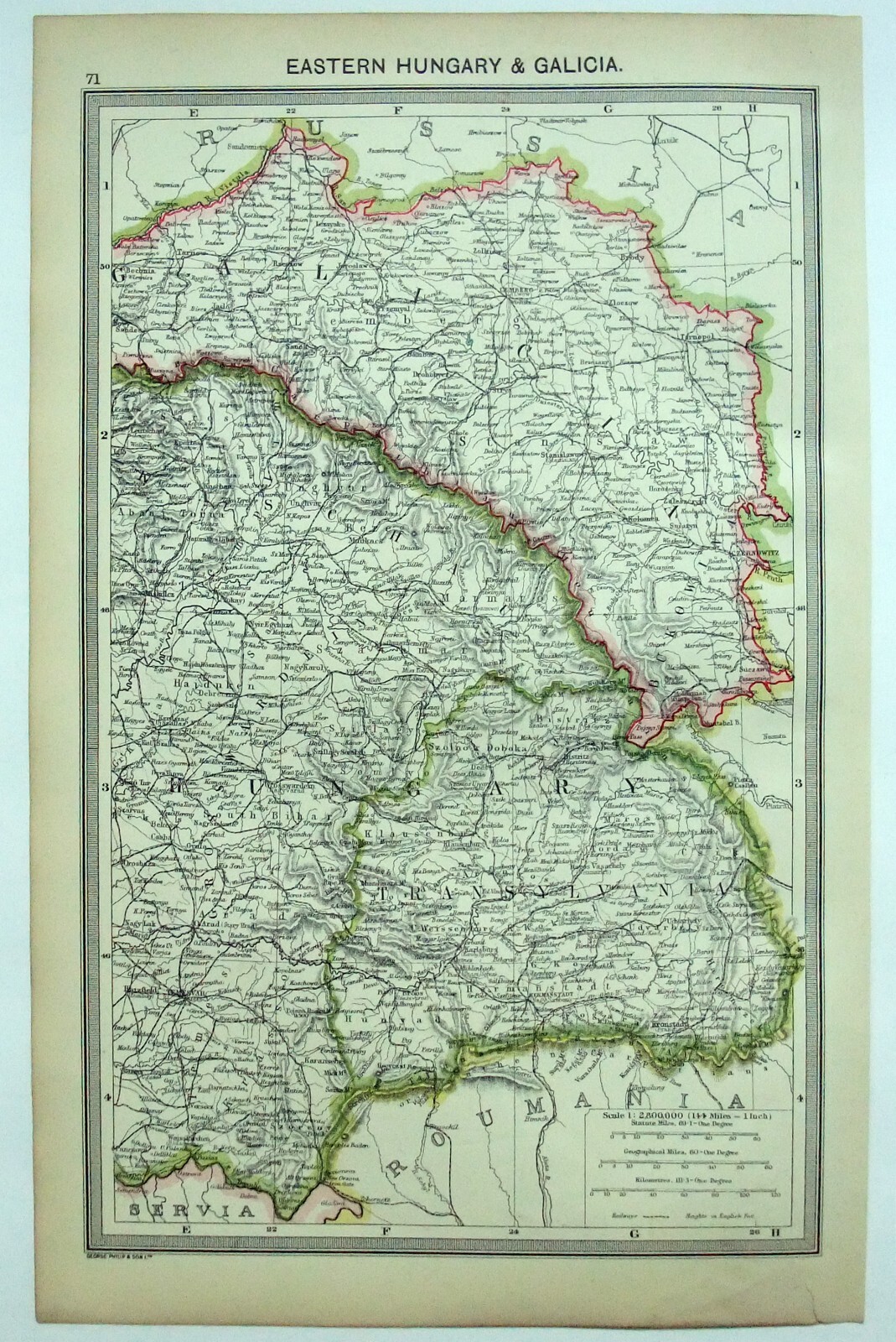 Eastern Hungary & Galicia – Original Map c1906 by G Philip & Son. Antique