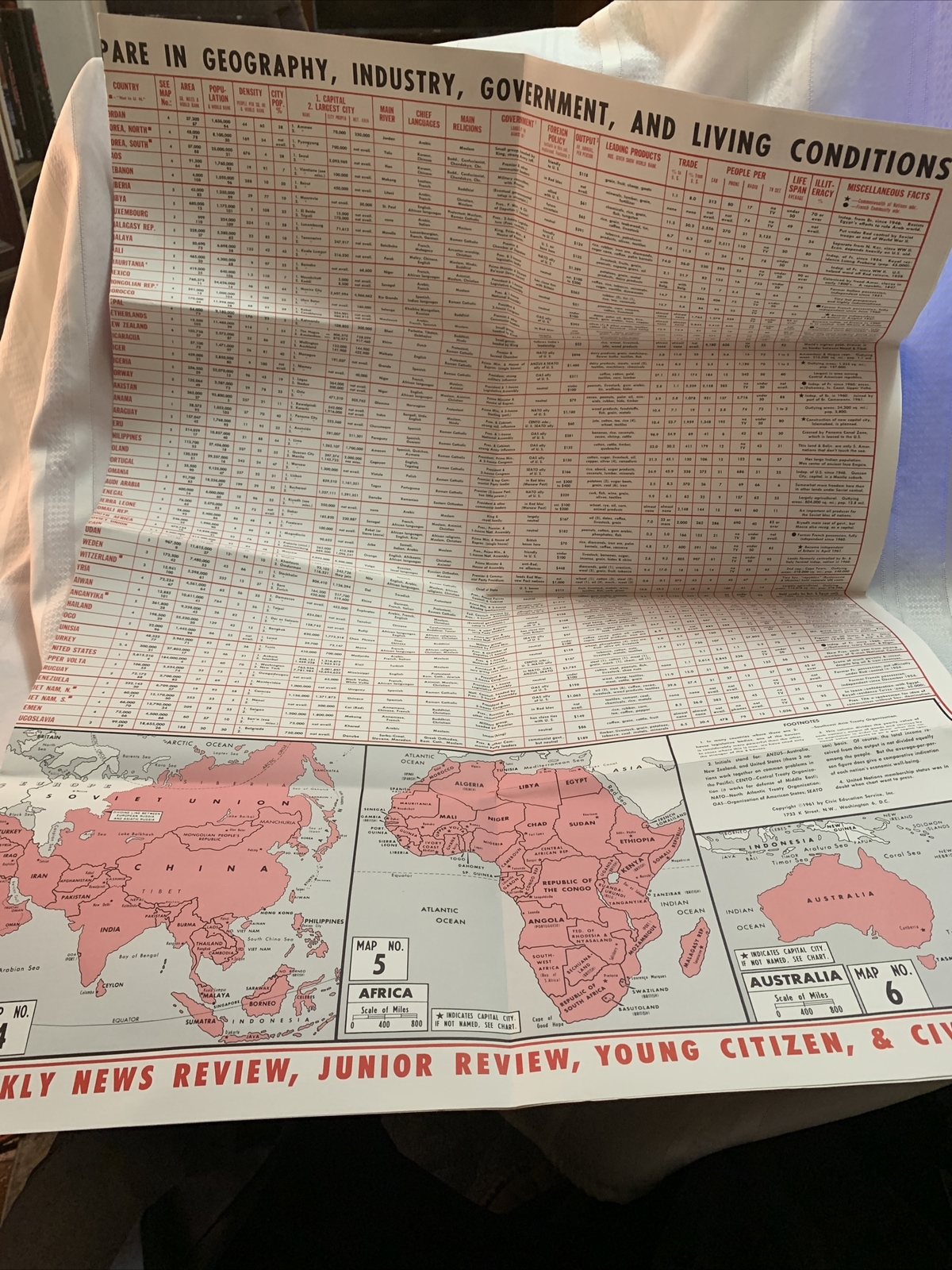 1961 Civic Education Service World of Facts Map wall hanging Poster. 49″ x 34″
