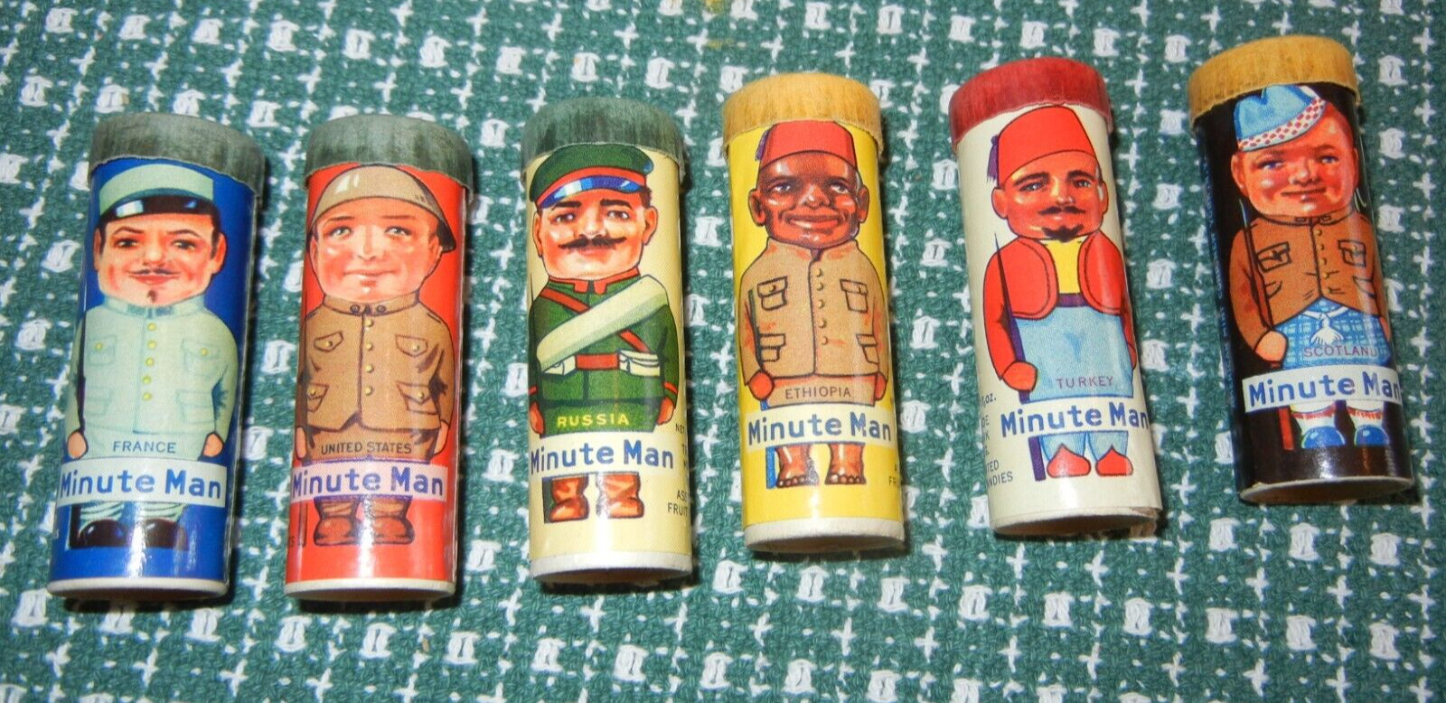 Set of 6 Antique Minute Men Candy Cylinders from American Mint Corp. NY Complete