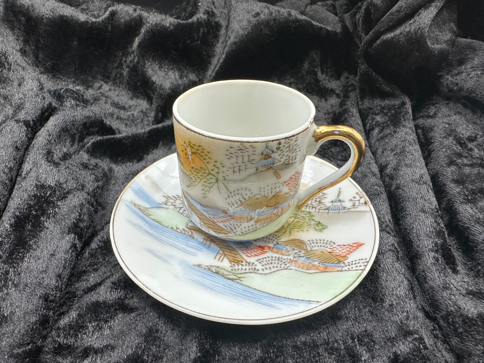 Antique Kutani Porcelain cup saucer plate set coffee pair occupied Japan Fuji