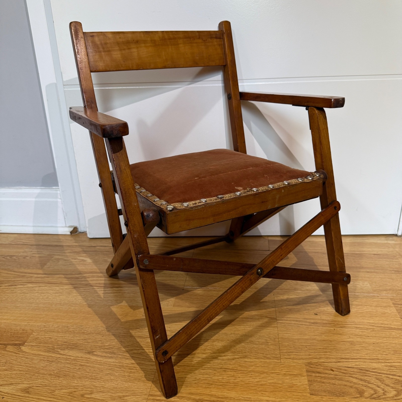 Antique Victorian / Edwardian Child’s Campaign Folding Chair – Beech & Velvet –