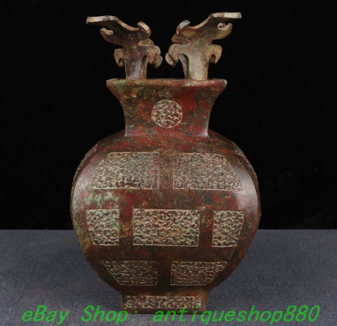 9.8”Old Chinese Bronze Ware Western Zhou Dynasty Inscription Square Bottle Vase