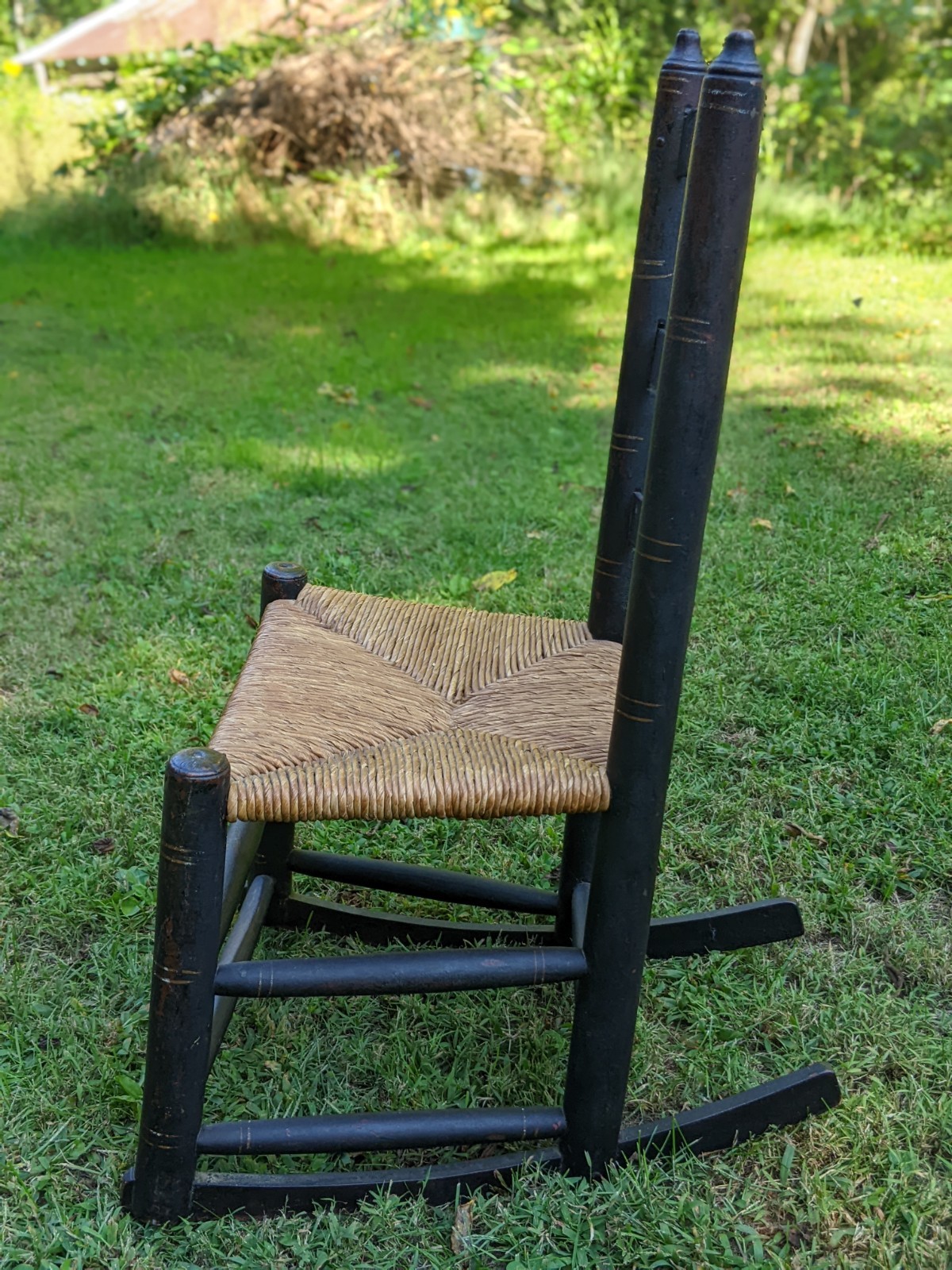 Antique Early American 29″ Child’s Ladder-Back Hitchcock Rush Seat Rocking Chair