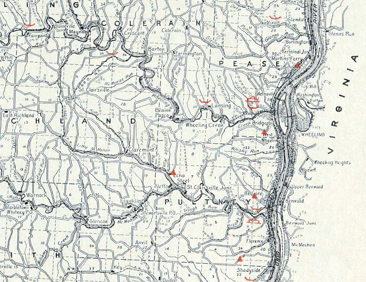 1914 Mills Ohio Archaeology Map Belmont County Native American Mounds Villages