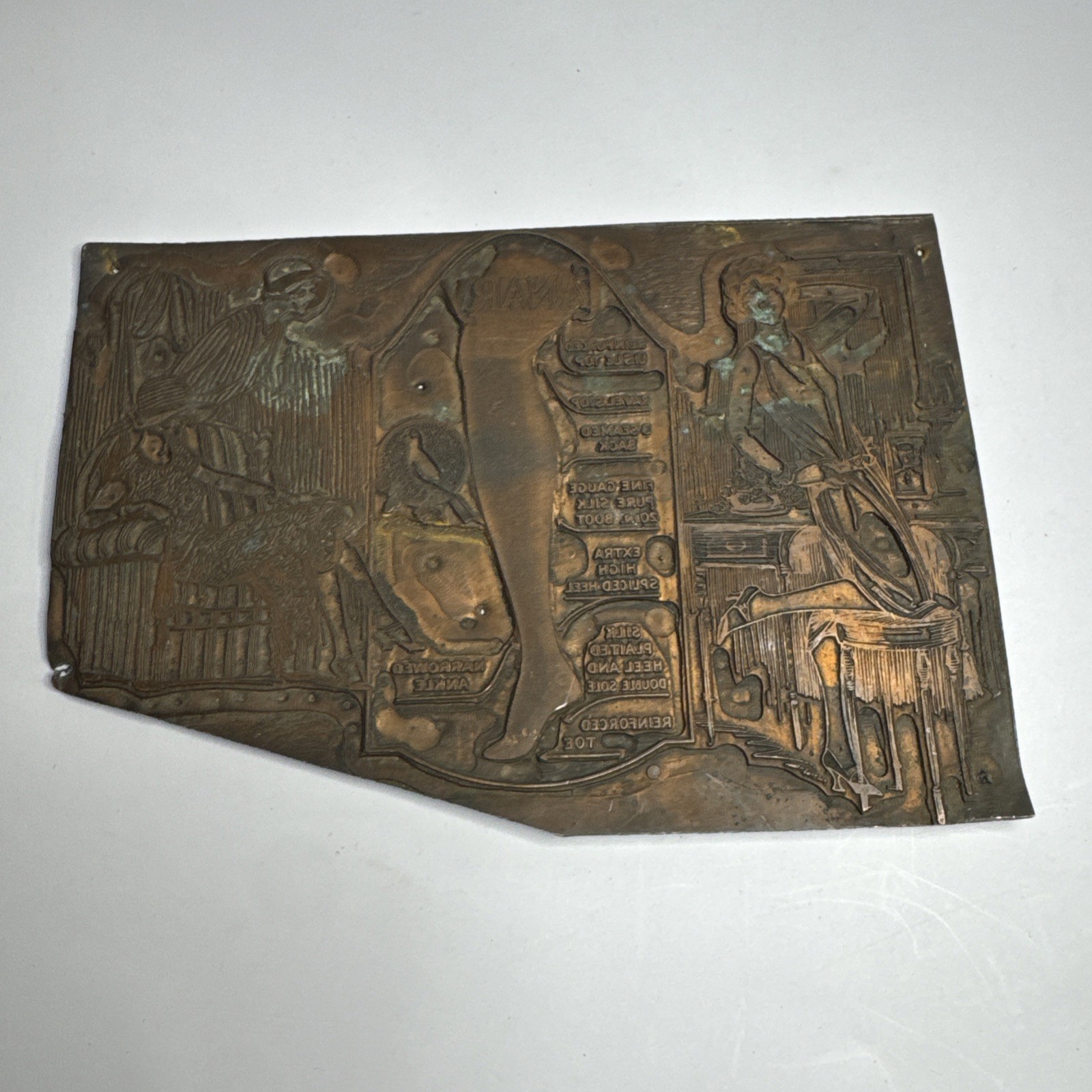 Antique Copper Printing Plate Stocking Advertisement Flapper Canary Girl Bird