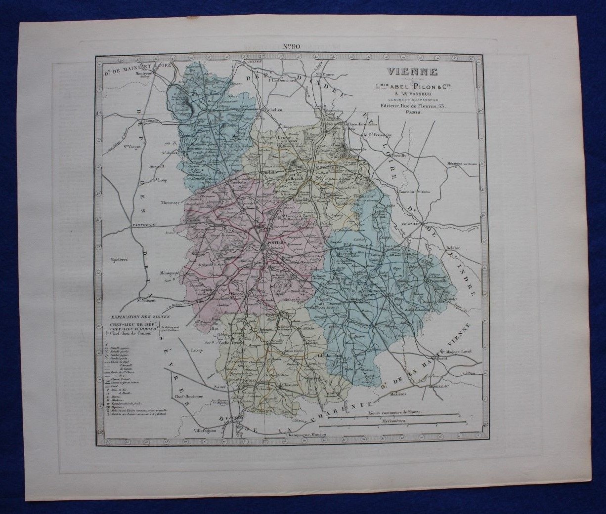 Original antique map VIENNE, FRANCE, POITIERS, Le Vasseur, 1878
