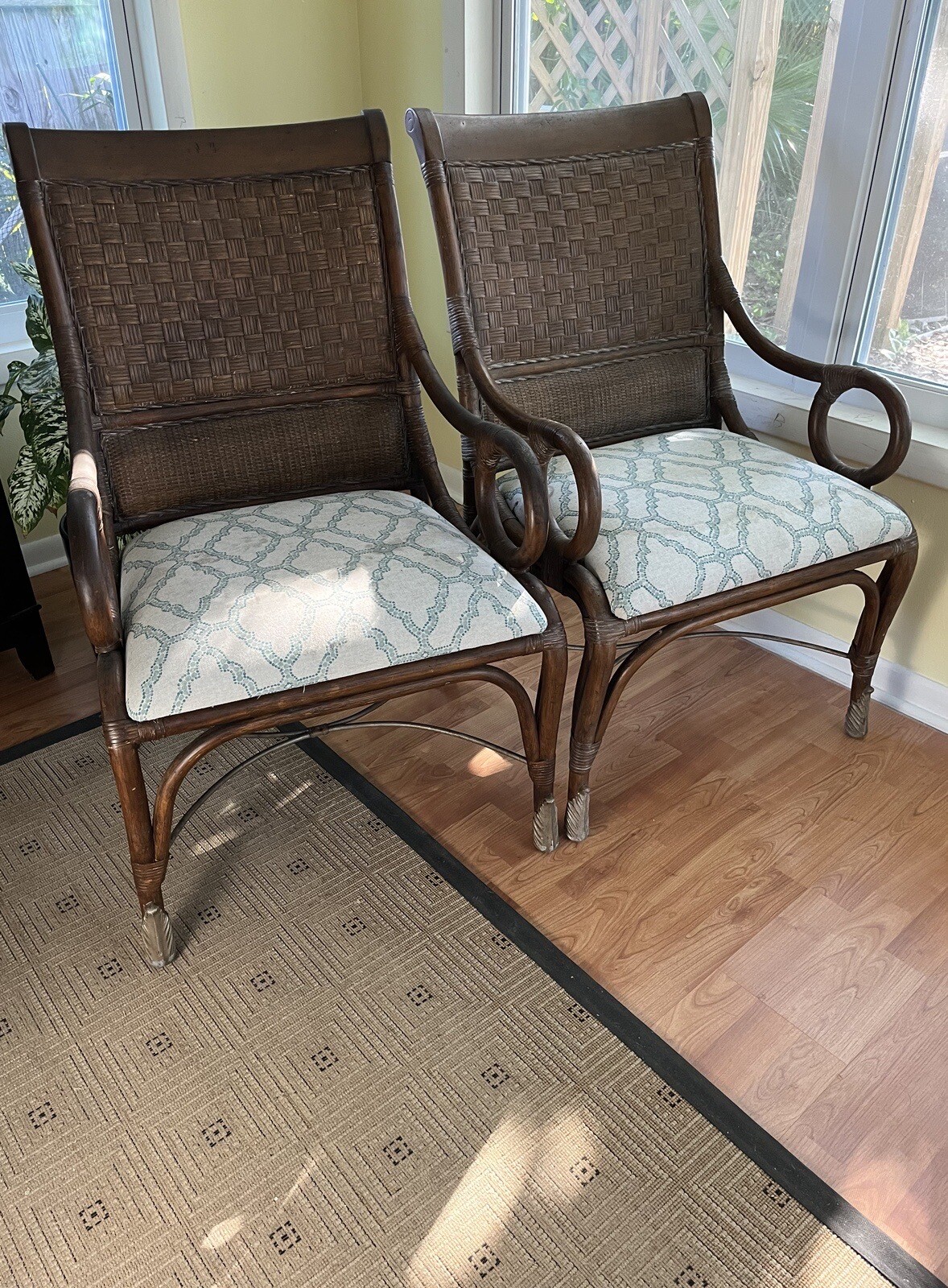 Vtg Pair Rattan Bentwood Arm Chairs Silver Claw Feet Wide Back&Seat By Hooker