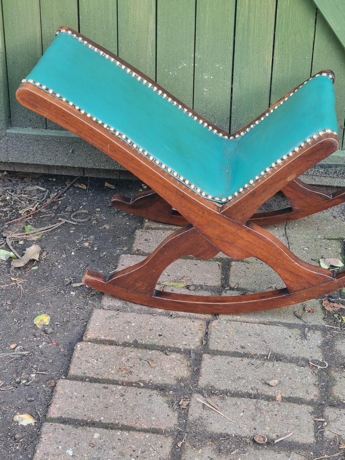 Antique mahogany leather Rocking Gout Stool, brass studs