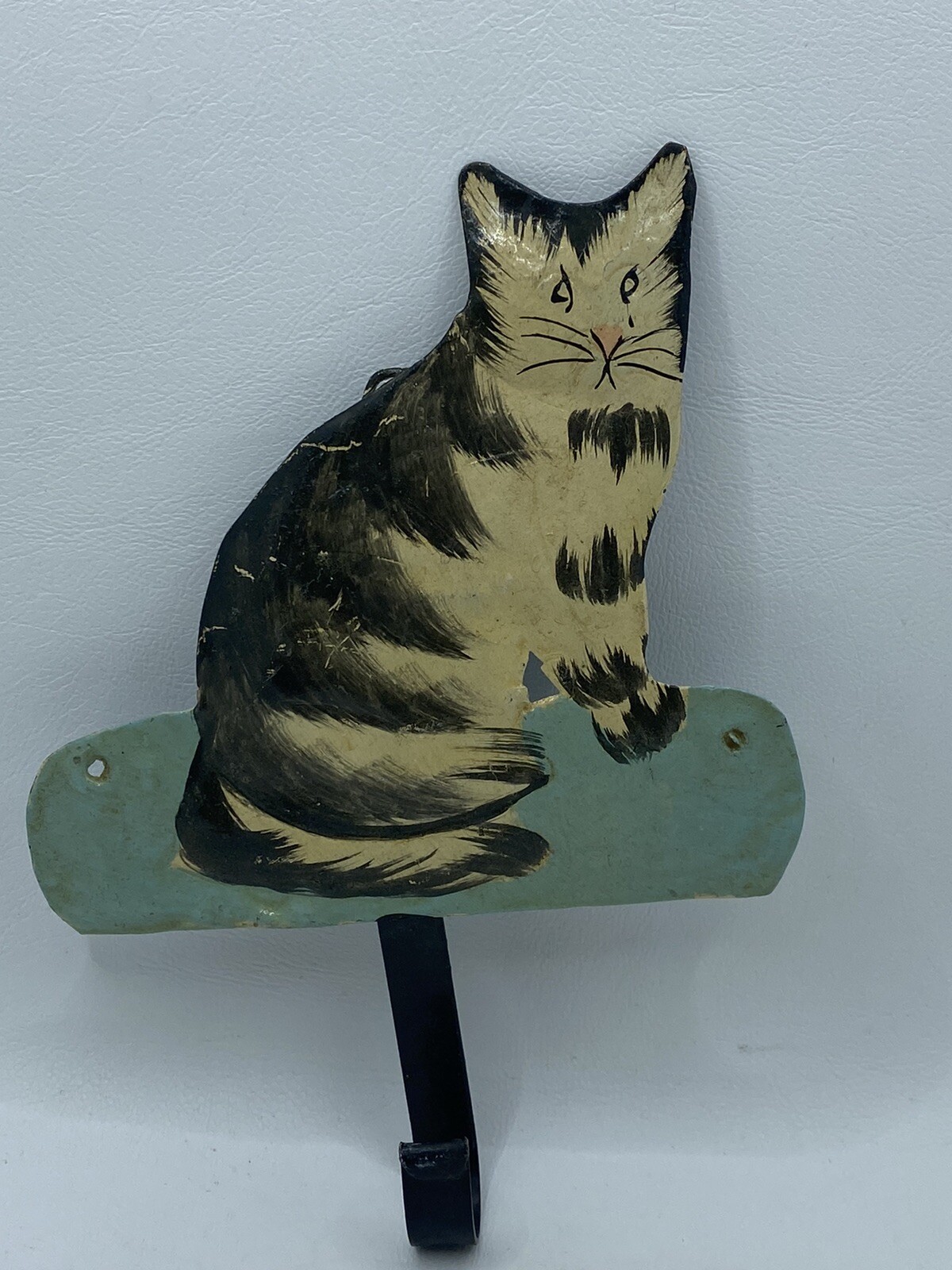 Primitive Handmade in India Hand Painted Cat Wall Hanging Hook Hanger