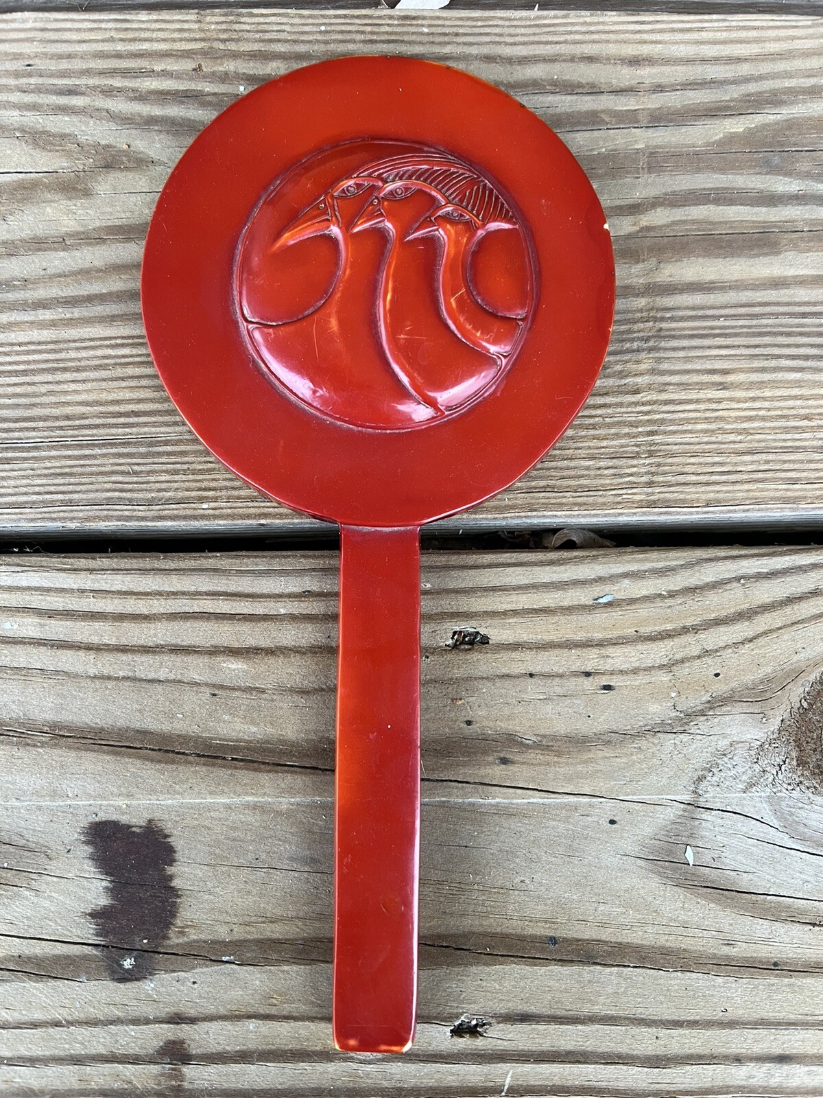 Bakelite Hand Mirror Carved Cherry Art Deco Bird Peacock Motif Antique RARE
