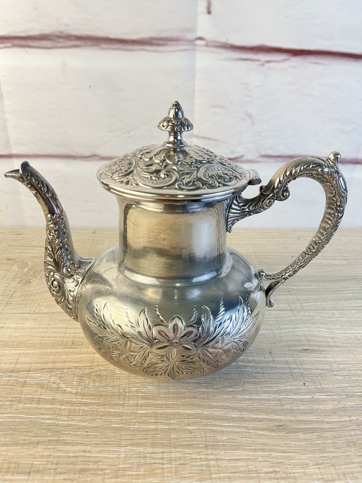 Brooklyn Silver Teapot Coffee Pot Quadruple Plate Repousse Floral Pattern Ornate