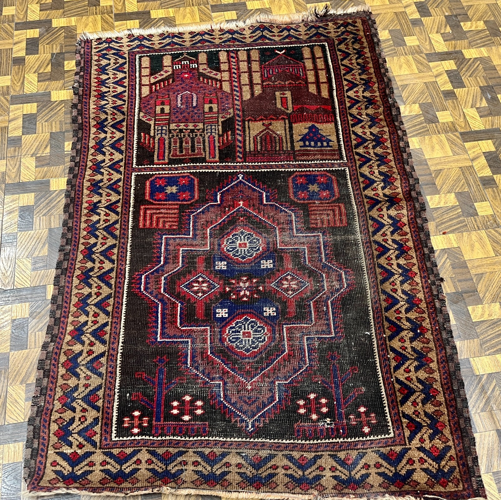 ANTIQUE TRIBAL DOUBLE PRAYER TURKOMAN ORIENTAL RUG I FRAGMENT SIZE 3′ x 4′ 4″
