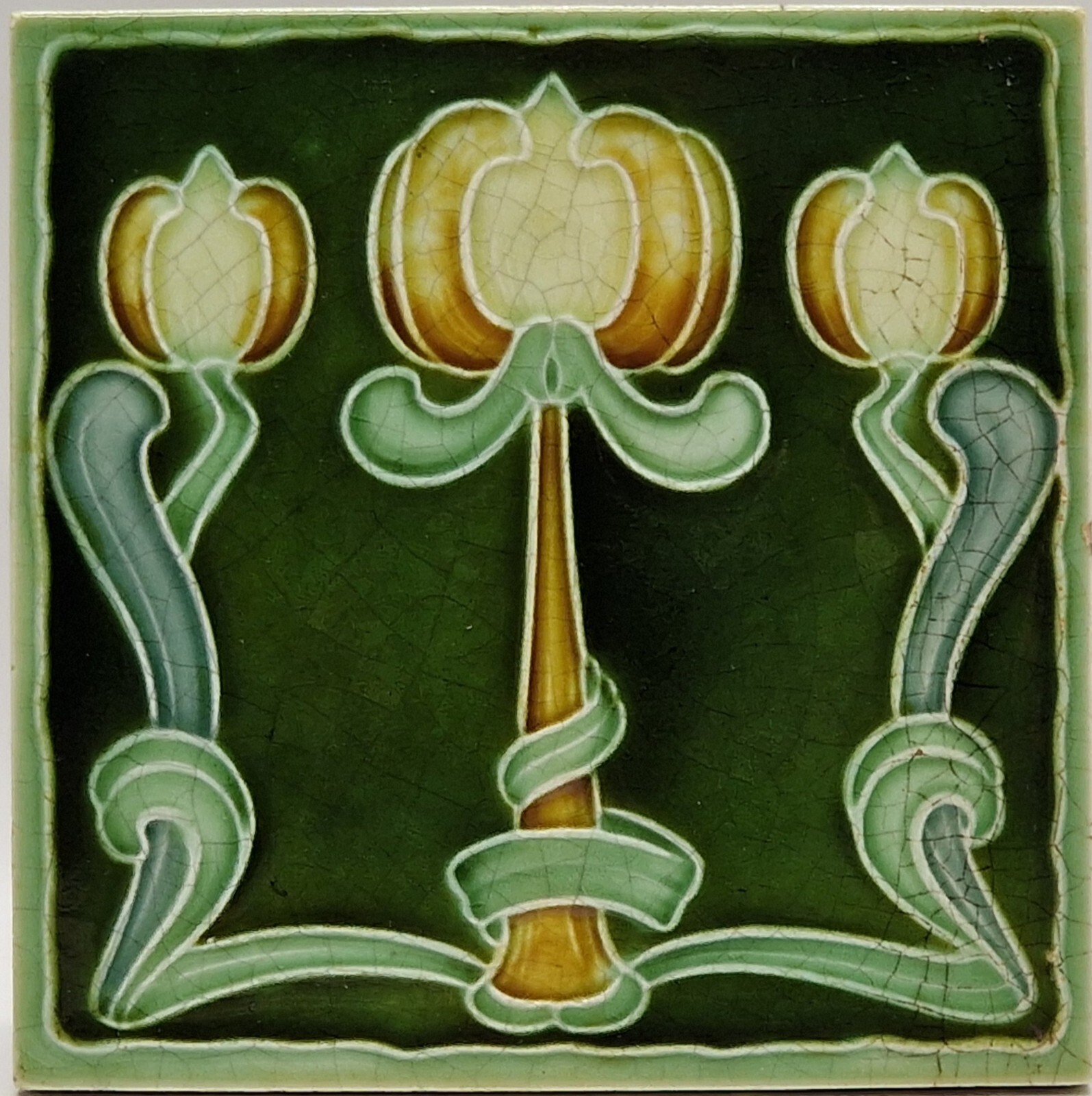 Art Nouveau Majolica Tile Green Triple Tulips Henry Richards Tile Co C1905 AE5