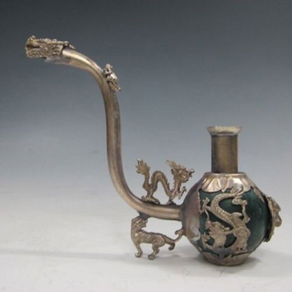Old Chinese Handwork Tibet Silver Inlay Green Jade Pipe Dragon Smoking Pipe 1006