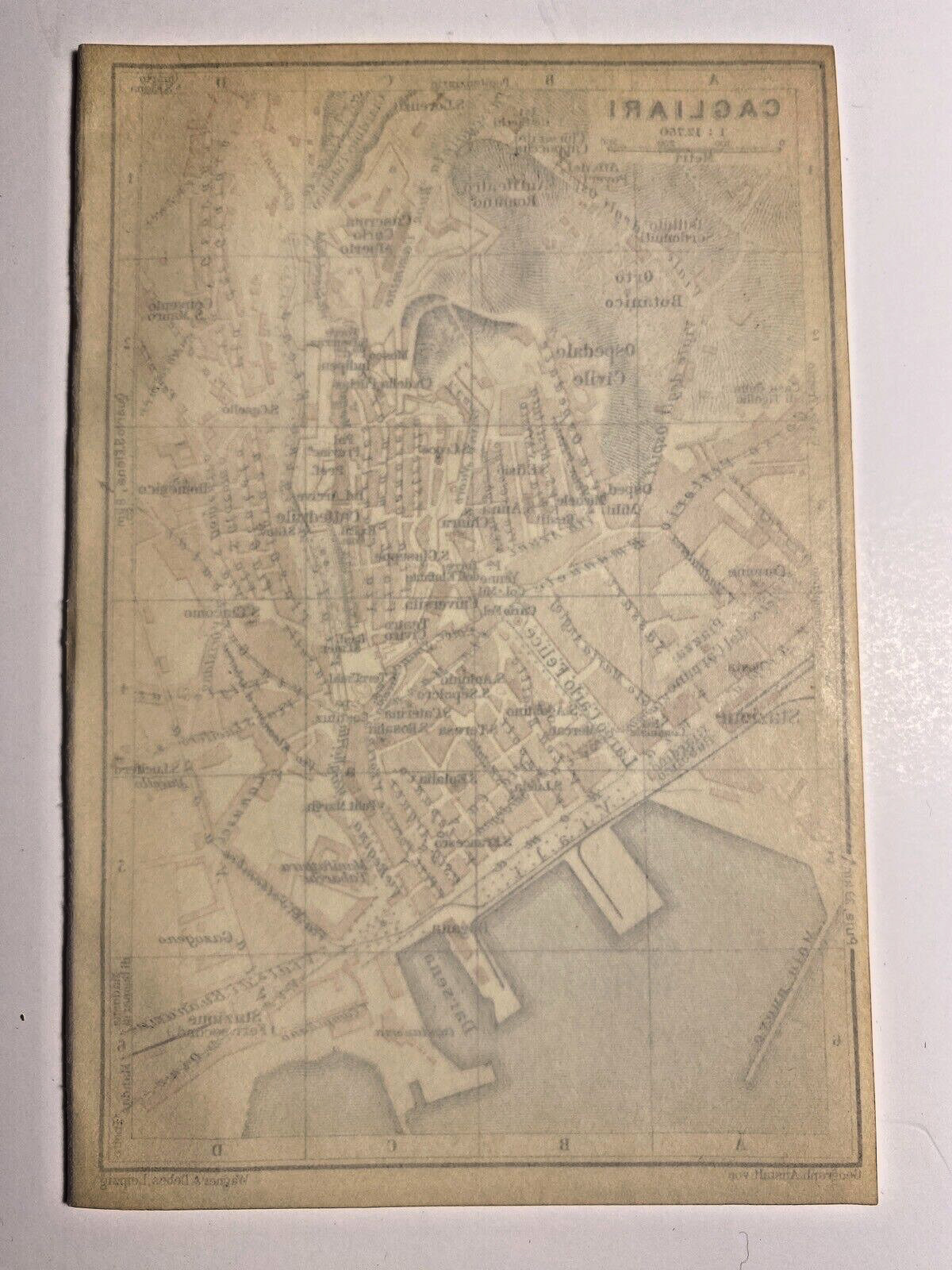 CAGLIARI SARDINIA Italy map 1913 Wagner & Debes Leipzig Geograph 4×6″ color
