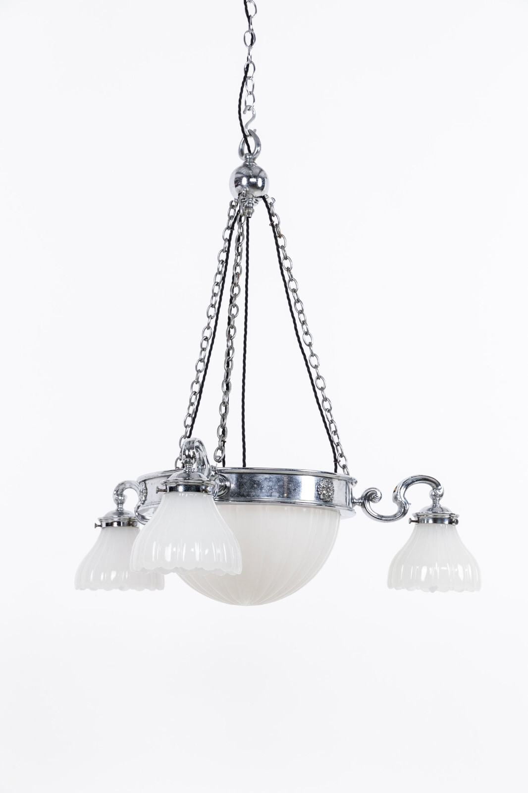 Antique Chrome Art Deco GEC Moonstone Ceiling Opaline Glass Chandelier Light