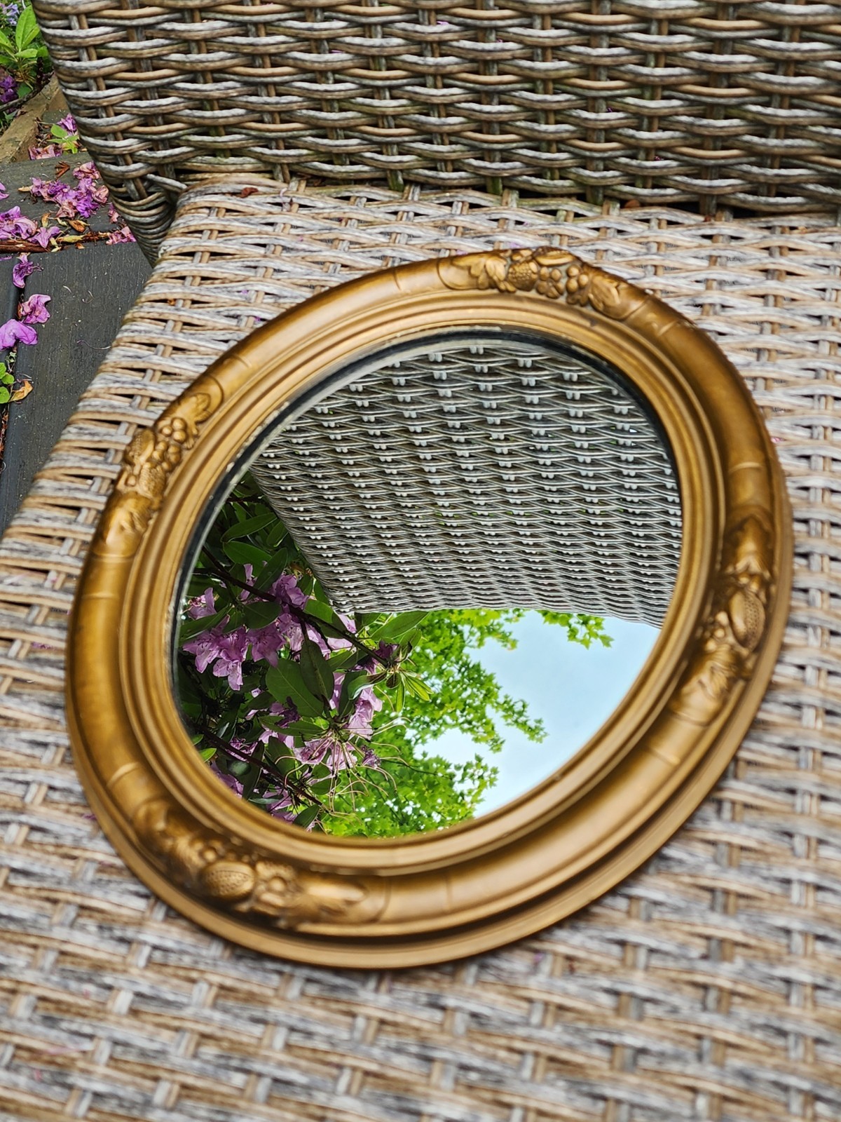 Antique Wood Frame Bronze Painted Oval Mirror 12 X 9 Inches