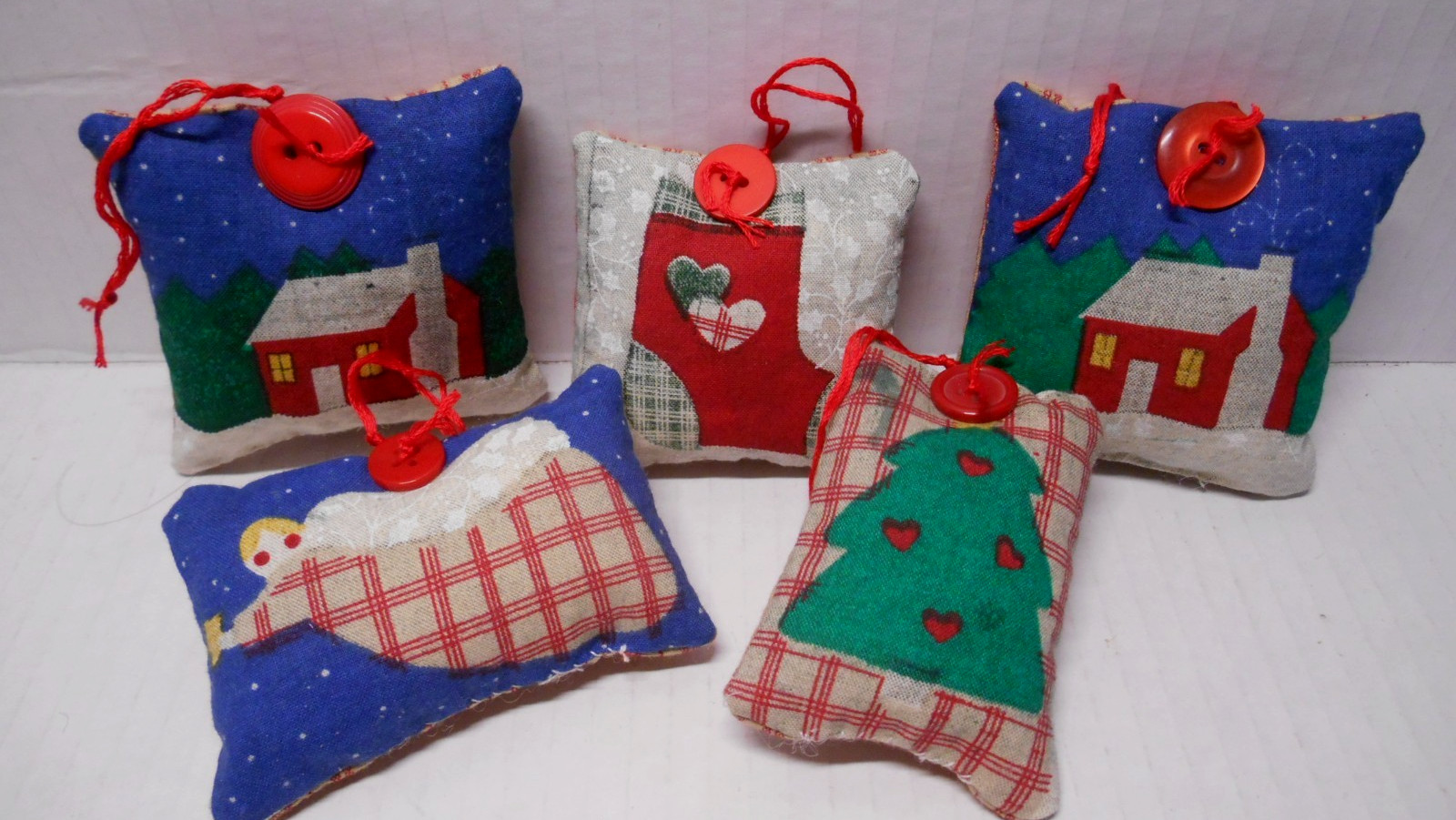 5 Vintage Handmade Christmas Fabric Folk Art Prim Holiday Ornaments