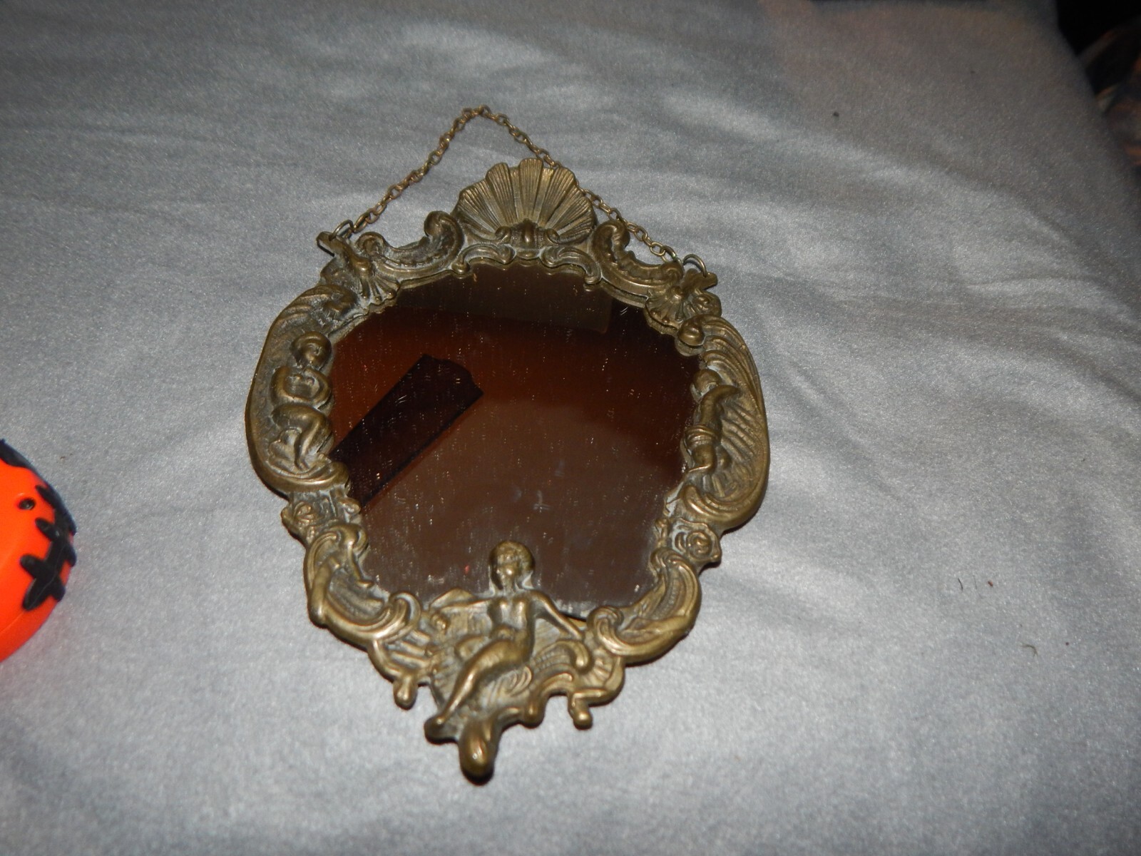 Vintage Brass Ornate Hanging Seashell & Cherub Mirror Estate Find