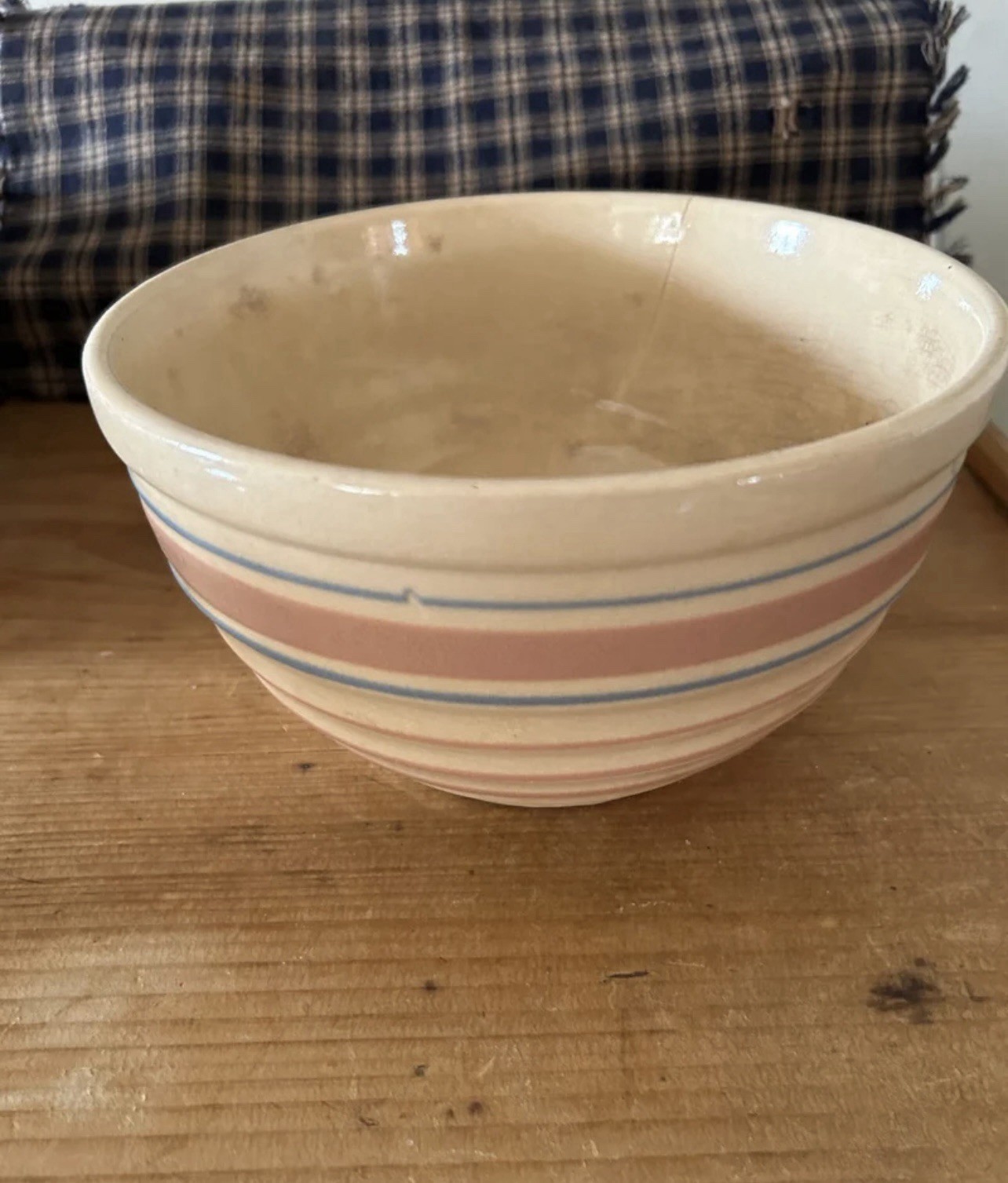 Beautiful Vintage Stained & Crazed McCoy Mixing Bowl With Blue and Pink Stripes