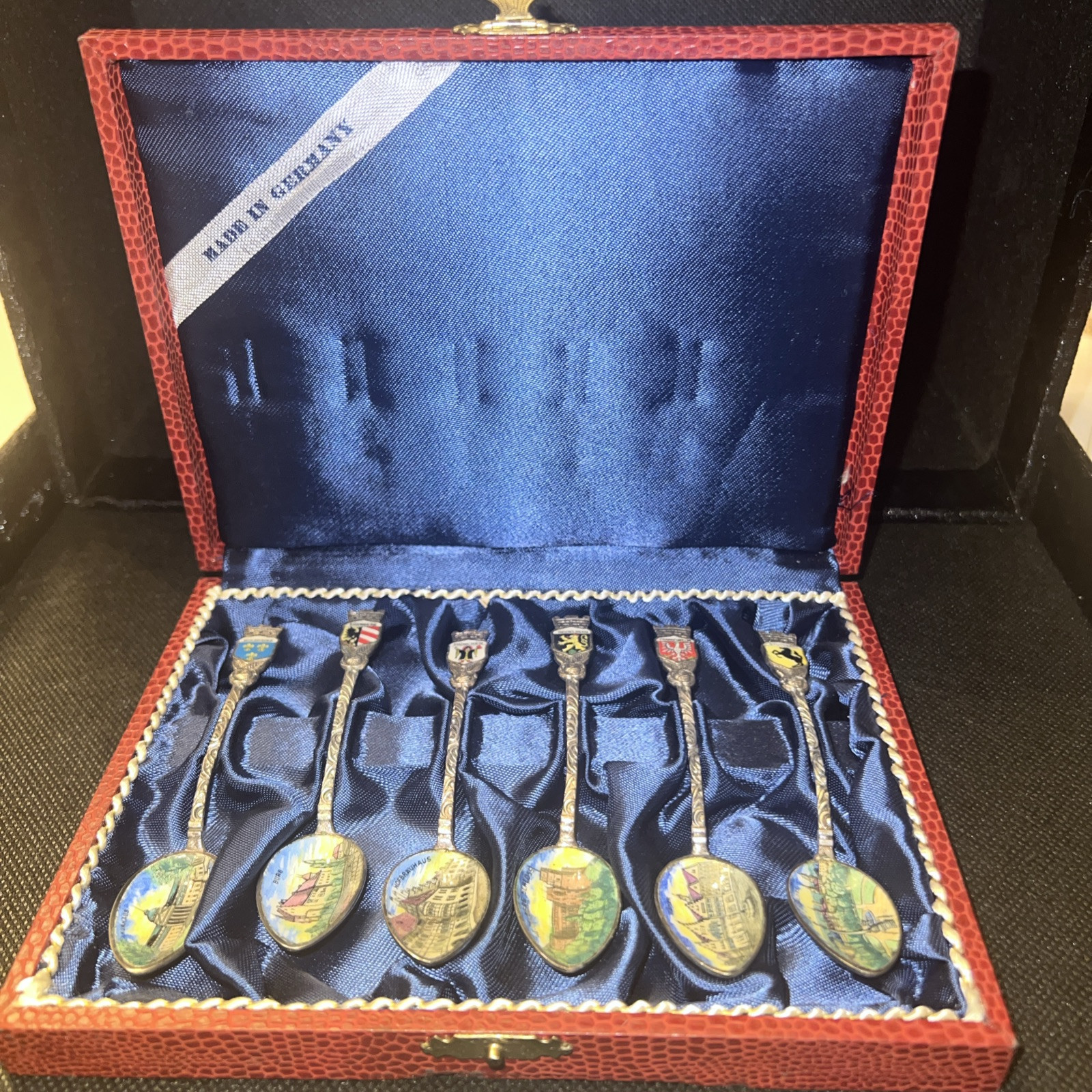 VINTAGE 6 GERMAN SILVER PLATED DEMITASSE COFFEE & TEA SPOONS ENAMELED