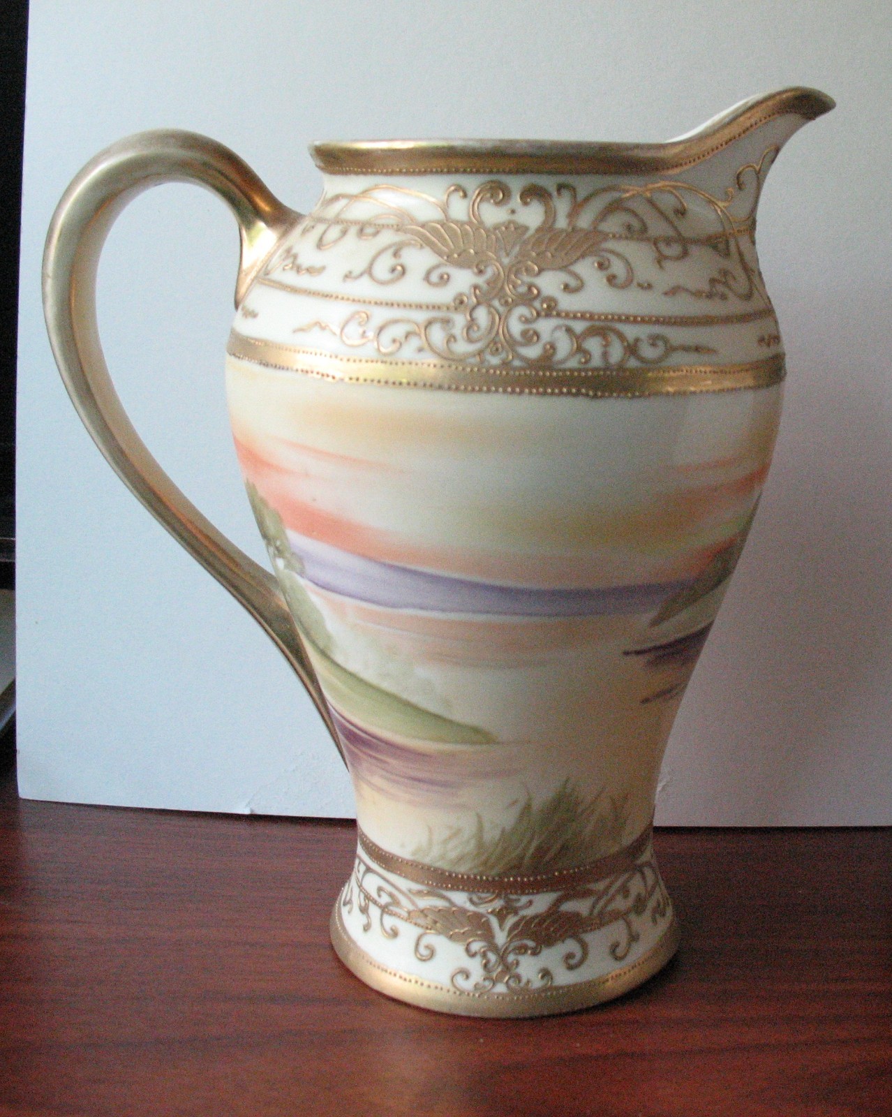 Noritake Morimura Nippon Pitcher/Coffeepot Hand Painted Scenery Gold Moriage