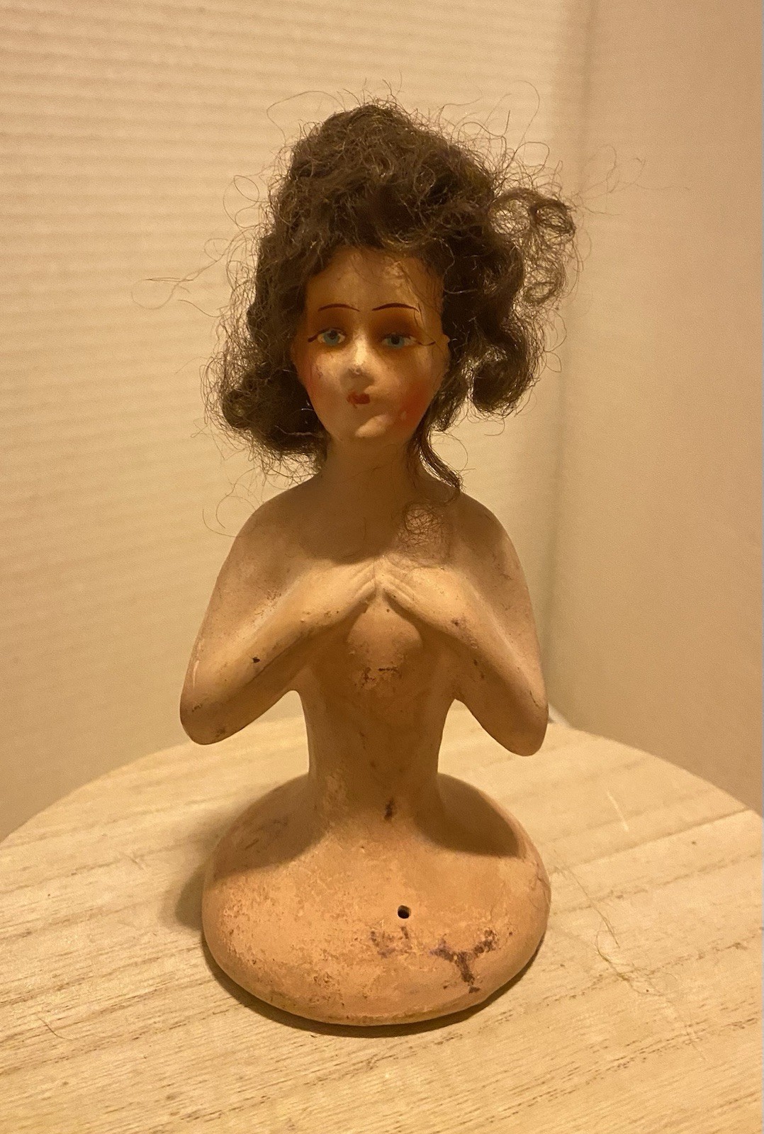 Antique 1920s ART DECO CHALKWARE HALF DOLL, BROWN HAIR, FOR PINCUSHION, GERMANY